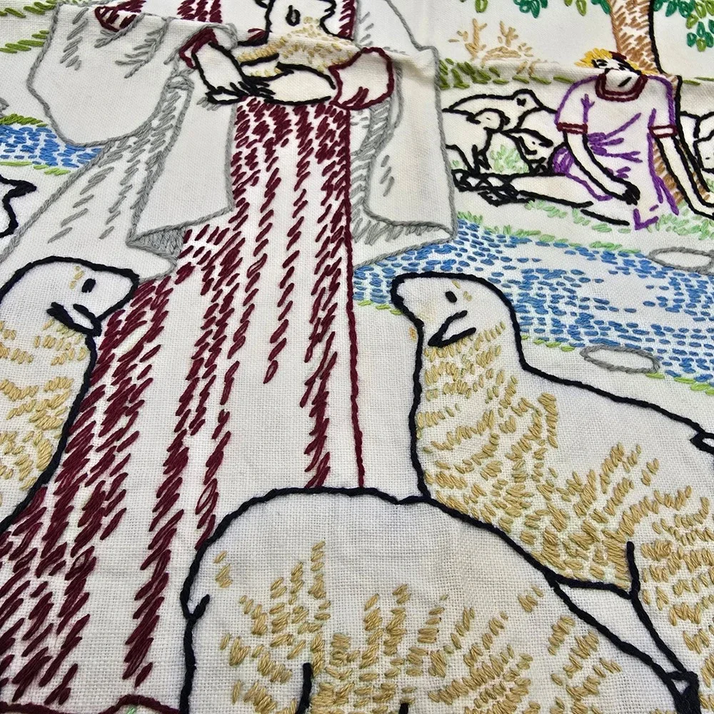 Beautiful Vintage 1940s Hand Embroidered‎ The Lord Is My Shepherd Linen